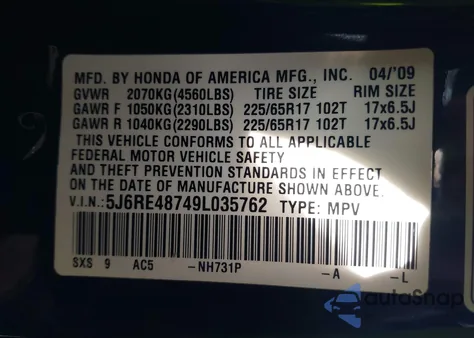2009 Honda Cr-V Ex-L z USA, uszkodzony, nr VIN 5J6RE48749L035762